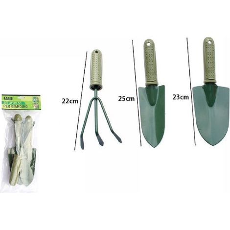 TrAdE Shop Traesio - Set 3 Pz Attrezzi Per Giardino Con Manico Antiscivolo Rastrello 2 Palette 59698 -