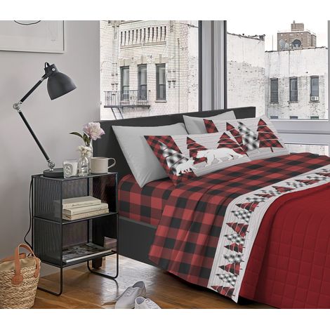 Completo Letto Stampato Made In Italy 100 % Cotone Set Lenzuolo Sopra Sotto Federe Canada Rosso - Matrimoniale (1/3)