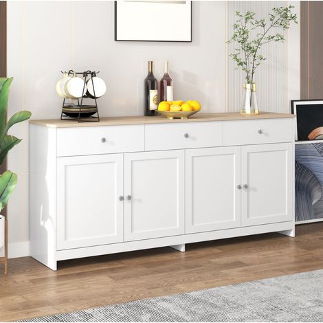 Credenza 160 x 37 x 75 cm con 4 ante e 3 cassetti bianca e legno HAVRYA (1/5)