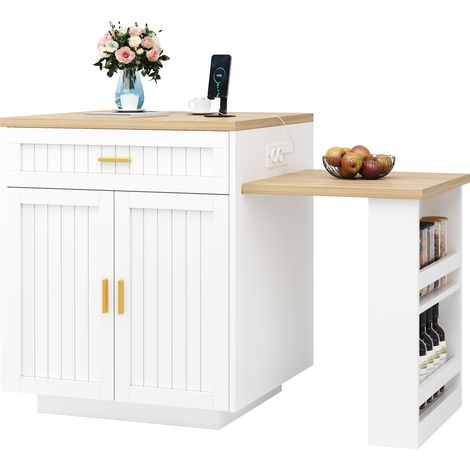 Îlot de cuisine extensible avec prise intégrée, 1 tiroir, rangements ouverts et portes rainurées, blanc, 121,5 à 192 cm - CHICFURN (1/5)