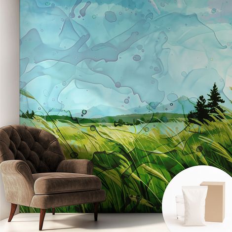 Fototapete Tapete Vliestapete mit Kleber Büro Wandgestaltung - Wanddekoration Wohnzimmer Grüne Landschaften 250x250 cm (1/5)