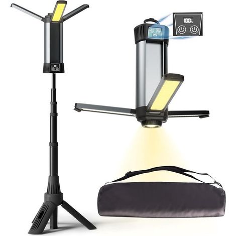Lampe de camping rechargeable, 137 cm (54 pouces), 3 têtes LED, support amovible, 6000 mAh, 2000 lumens, intensité variable, lampe torche magnétique, usage extérieur, intérieur, atelier, portable, san (1/5)
