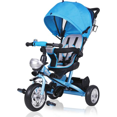 Spielwerk® Children's Tricycle Removable Handlebar Bucket Seat with Safety Belt Kids 3 Wheeler Trike Pedal Ride-On Parent Handle Bar Infant Sun Canopy Blau2020 (de)