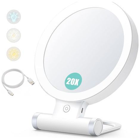 Vergrößerungsspiegel mit Licht, 20x/1x, doppelseitig, tragbarer Kosmetikspiegel, 3-farbige Beleuchtung, Touchscreen mit einstellbarer Helligkeit (1/5)