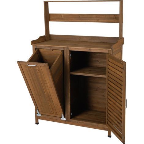 Banco de exterior para macetas 100 x 38 x 118 cm con armario de 2 puertas y estantes extraíbles estilo rústico madera de abeto gris 200020093