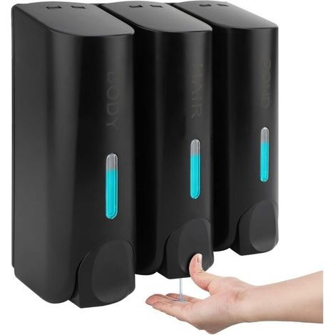 Wall-Mounted Soap Dispenser, Shower Gel Dispenser, Triple Shampoo and Conditioner Dispenser, ABS, for Bathroom, Kitchen, Market, Hotel, Restaurant, 350ML (Black) (1/5)