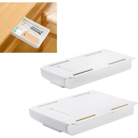 Lot de 2 organiseurs coulissants sous le tiroir du bureau, bote de rangement, plateau caché avec ruban adhésif pour bureau, table, écouteurs, cable de téléphone, pièces de rouge à lèvres (1/5)