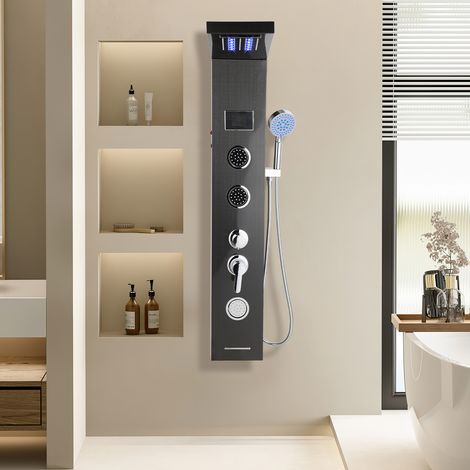 Wolketon Duschpaneel 5-in-1 mit LED, Regendusche & Massage, Schwarz