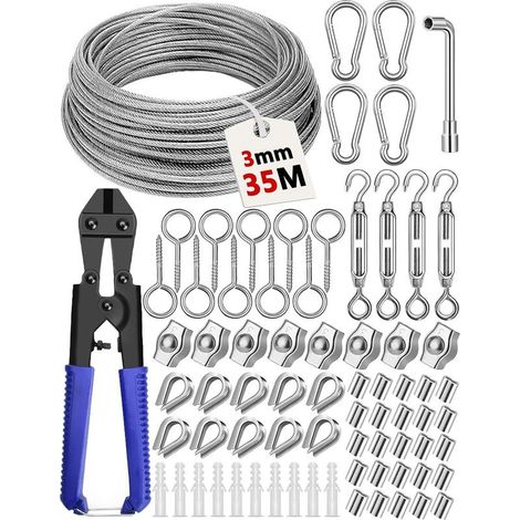 35M Câbles en Acier Inoxydable à Suspendre Kit,304 Cable Inox 3mm avec Tendeur Cable, Serre Cable Acier,Câble en Acier Gainé pour Treillis Plante Grimpante Exterieur,Corde a Linge,Garde Corps (1/4)