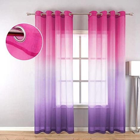 Voile Semi-Transparente en Lin Faux, Rideau à Œillets Dégradé Bicolore pour Chambre de Fille, Salon et Séjour, Panneau Unique 132x213 cm, Rose et Violet (1/5)