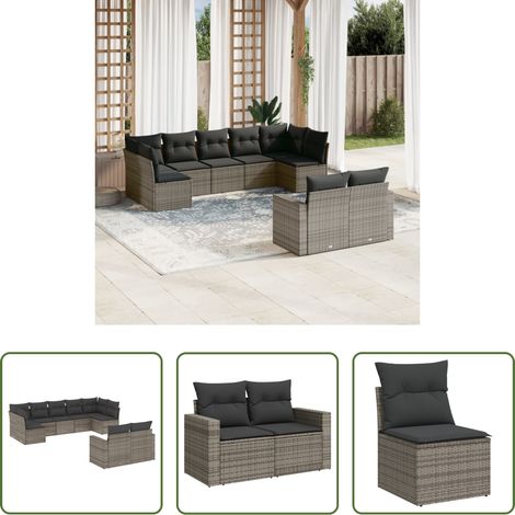 vidaXL Meubles extérieurs - Salon de jardin 9 pcs avec coussins gris résine tressée (1/5)