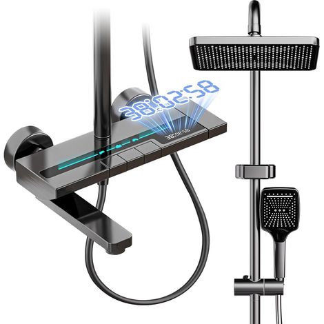 Colonne de Douche, 3 in 1 Kit Douche Complet LED Affichage Numérique, 31x20CM Tête de Pluie, Douchette et Robinet de Baignoire Rétractable, Colonne Douche Hydromassage avec Barre de Douche 135cm (1/5)