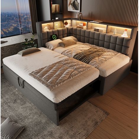 Letto con letto estraibile 90x200 cm, LED, altoparlante Bluetooth, USB e Type-C, grigio HAVRYA (1/5)