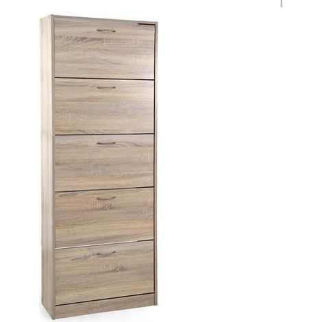 Zapatero de madera roble 63 x 24 x 180 cm con 5 puertas y divisores internos