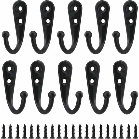 Lot de 10 patères rétro en métal noir, fixation murale par vis unique, style vintage, pour étagères, tiroirs, placards et salle de bain, avec 20 vis.