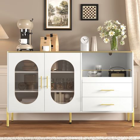 Buffet blanc 140 cm avec 2 tiroirs, 2 portes vitrées, buffet moderne en MDF blanc et doré pour salon, salle à manger, entrée (1/5)