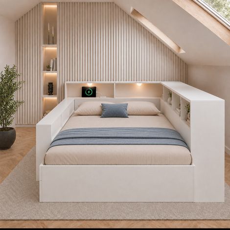 Lit double, rangement 140x190 cm, Lit multifonction avec tête de lit étagères, tiroirs coulissants, lampe de lecture, USB/USB-C, sommier inclus - Blanc (Sans matelas) (1/5)