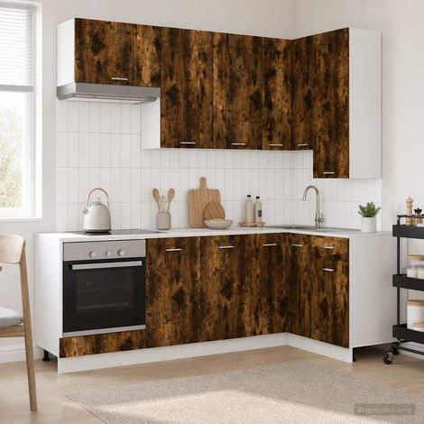 Meubles de cuisine 8 pièces, bois d'ingénierie, chêne fumé, pieds réglables - PANGIVO (1/5)