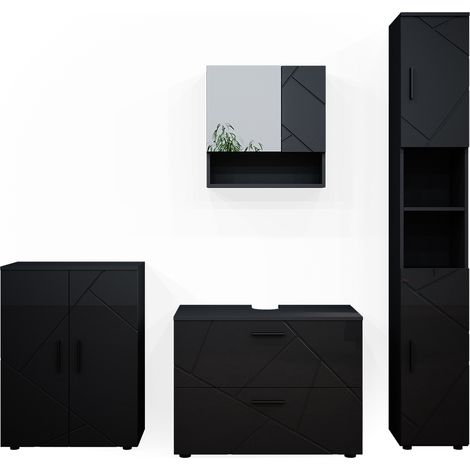 Conjunto de muebles de baño Irma, Antracita alto brillo, 4 piezas, con cajonera y mueble alto, Vicco