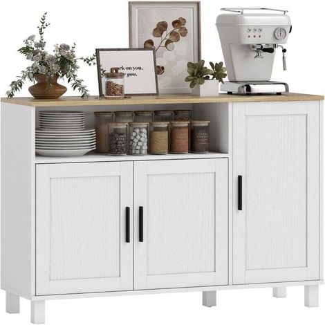 Buffet, meuble de rangement avec 3 portes, compartiment ouvert et étagères réglables, 110 x 33 x 75 cm, blanc (1/5)