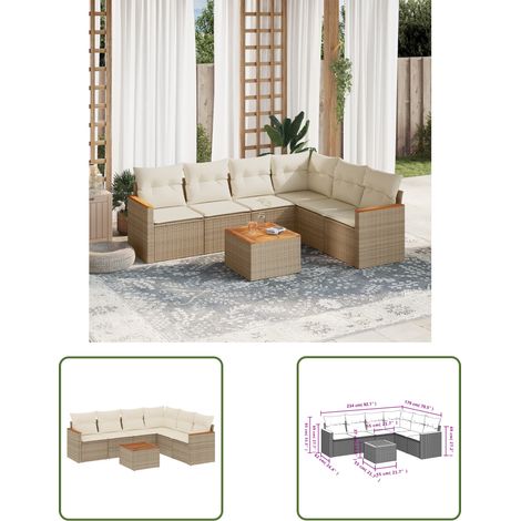 The Living Store 7-tlg. Garten-Sofagarnitur mit Kissen Beige Poly Rattan - Gartenmöbel Set - Esstisch - Lounge Möbel - Outdoor Sofa - Rattan Gartenmöbel