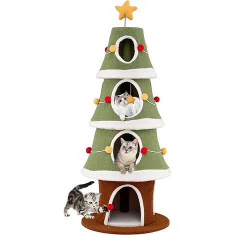 Albero per gatti di Natale con 4 accoglienti tane e tappeto in sisal