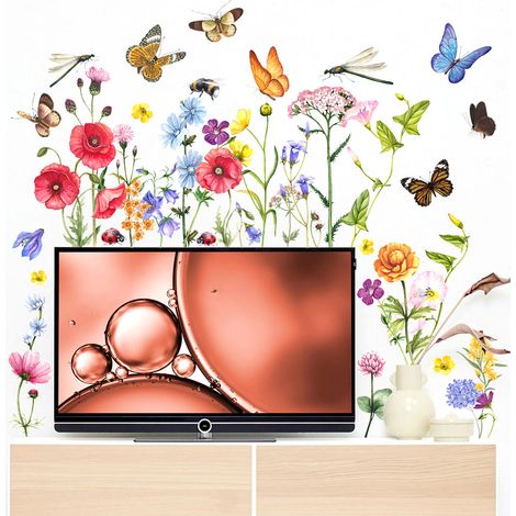 Decal Mural Fleur - Autocollant Mur Papillon Jardin - Pour Chambre Enfant Salon Bureau - 6 Pièces (1/5)