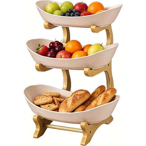 Corbeille à fruits en bambou : étagère de rangement ovale rose à 3 niveaux pour plan de travail (sans BPA, empilable) — Gain de place, démontable idéale pour ranger fruits, légumes et en-cas dans la (1/5)