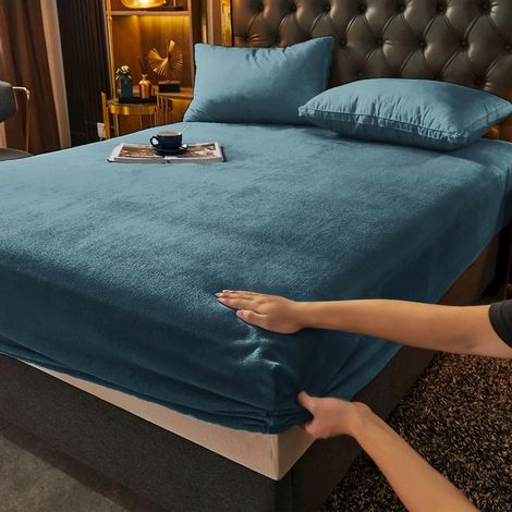 Drap Housse Flanelle Hiver 160x200cm Bleu Bonnet 30cm (1/5)