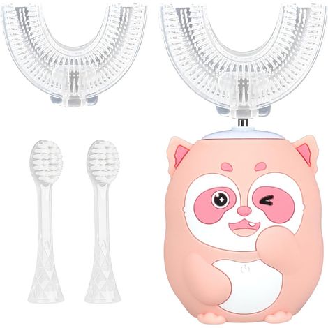 Brosse à Dents Électrique en Forme de U pour Enfants, Brosse à Dents à Ultrasons à 360º avec 2 Têtes U en Silicone et 2 Têtes Souples, Étanchéité IPX7, Design Raton laveur, 2-12 Ans, Rose (1/5)