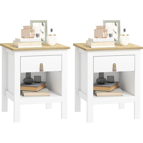 Set 2 Comodini con Cassetto e Ripiano Aperto in Legno, 45x40x55 cm, Bianco e Rovere