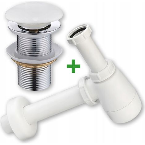 Set: tappo in ceramica click-clack senza troppopieno + sifone per lavabo bianco (1/5)