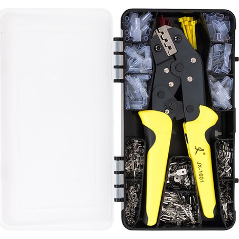 Kit d'outils de sertissage comprenant : pince à sertir à cliquet pour câbles 26-16 AWG, 280 connecteurs mâles et femelles à fourche, 140 gaines isolantes et 40 attaches de câble. (1/5)