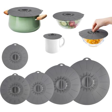 Lot de 5 couvercles en silicone pour bols, 5 tailles, compatibles micro-ondes, gris, réutilisables, sans BPA, pour bols, aliments, poêles, casseroles, four et réfrigérateur.