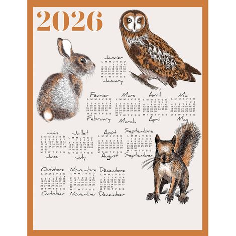 Torchon calendrier 2026 animaux du jardin coton Marron Clair 46x60 cm