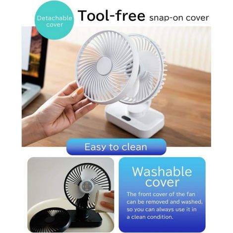 Ventilateur De Bureau - Oscillant - USB Rechargeable - Autonomie 4 À 13 Heures - Montage Mural Optionnel - Noir - 7.36x5.43x2.95 Pouces - 12 Oz (1/5)