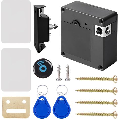 Cerradura inteligente NFC para armarios: Cerradura inteligente oculta con 2 llaveros y 2 tarjetas RFID. Cerradura discreta, sin agujeros, ideal para cajones, armarios, taquillas y fábricas. (1/5)