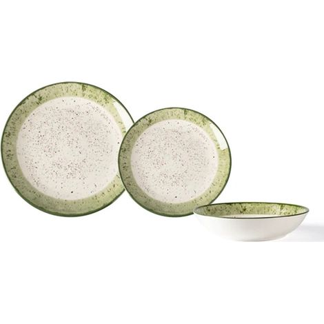 TRADE SHOP - Set Servizio Di Piatti Da Tavola In Porcellana 18pz Design Bianco Con Bordo Verde Maculato - (1/4)