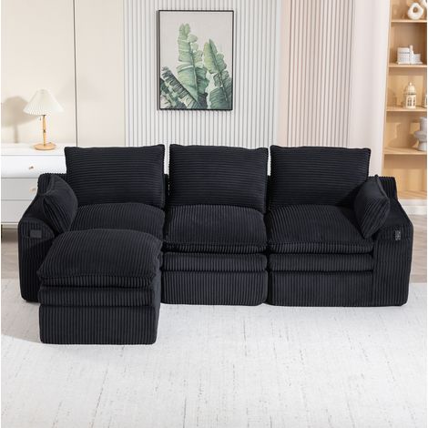 3-Sitzer modulares Sofa aus Kord mit Hocker, Kissen und Seitentaschen, schwarz HAVRYA (1/5)