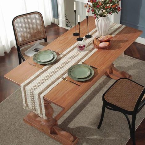 Chemin de table en coton et lin - jute macramé avec pompons - 30 x 140 cm - idéal pour la décoration - table - salle à m Étiquette (1/5)