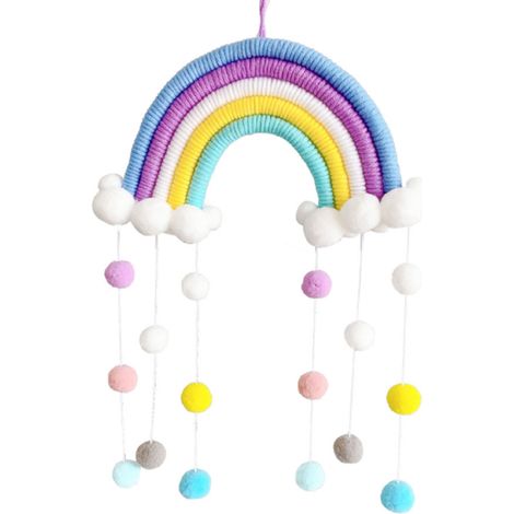 Suspension Murale Arc-en-Ciel en Macramé - Décoration pour Chambre d'Enfant et Nursery - Boules en Peluche Réglables - 1 Pièce (1/5)