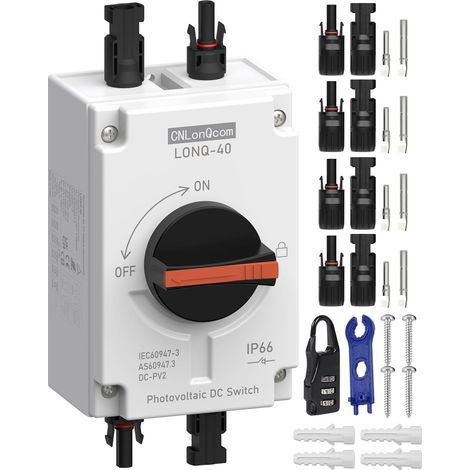 Interrupteur sectionneur photovoltaïque 32 A CC 1500 V, 1 entrée 1 sortie, boîtier étanche IP66 pour systèmes solaires en toiture, camping-cars et bateaux (1/5)