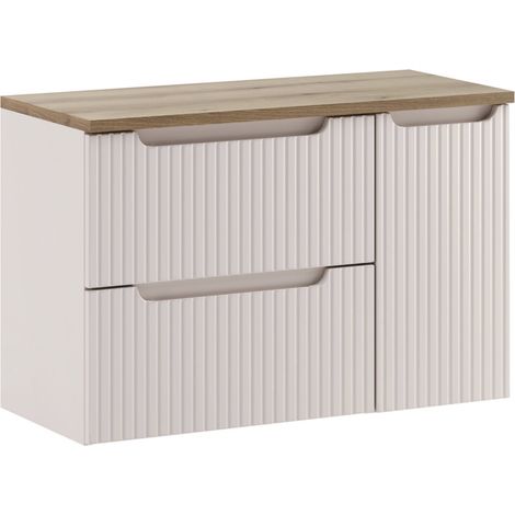 Ensemble meuble salle de bain suspendu NOVA Taupe avec plan Chêne naturel – Design contemporain et rangements intelligents 90 cm-Largeur 90 cm (1/5)