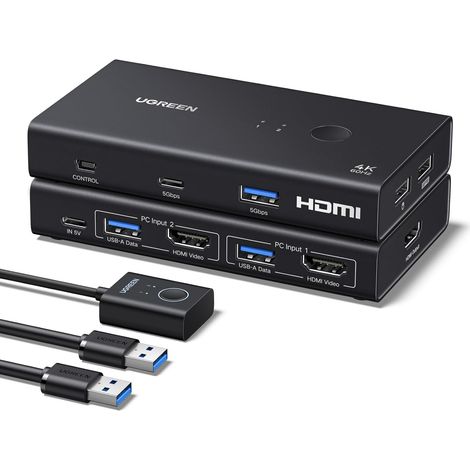 Switch KVM HDMI 2 Entrées 1 Sorties 4K 60Hz Double Affichage Commutateur KVM USB 3A +1C 3.0 5Gbps pour Clavier Souris Disque Dur Contrôleur de Bureau Câbles USB Inclus (1/5)