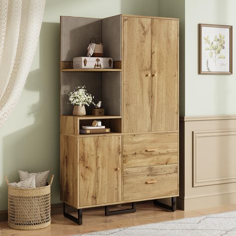 Vestiaire d'entrée 110x186x38 cm, Garde-robe de couloir avec tiroirs, avec panneaux rembourrés et tringle extensible, Noir et Bois Naturel