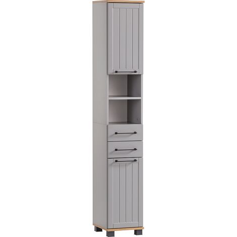 Badezimmer Hochschrank in grau mit Eiche Nb. JAUSA-80 Landhaus-Stil, B/H/T ca. 30,3/180,9/32,6 cm (1/4)