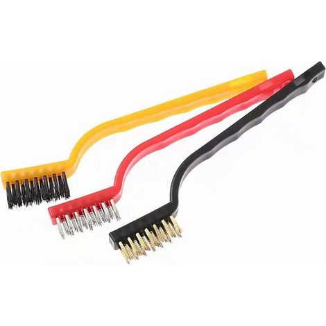 royaluxe - Lot de 3 brosses métalliques en laiton/acier inoxydable/nylon pour nettoyer les poils de rouille avec incurvée en Plastique utilisée pour enlever la saleté et la peinture 279cm (jaune, noir (1/5)