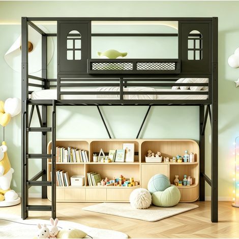 Letto a soppalco per bambini 90x200 cm in metallo con tetto, finestre e ripiano, scaletta sicura, salvaspazio, nero (1/5)