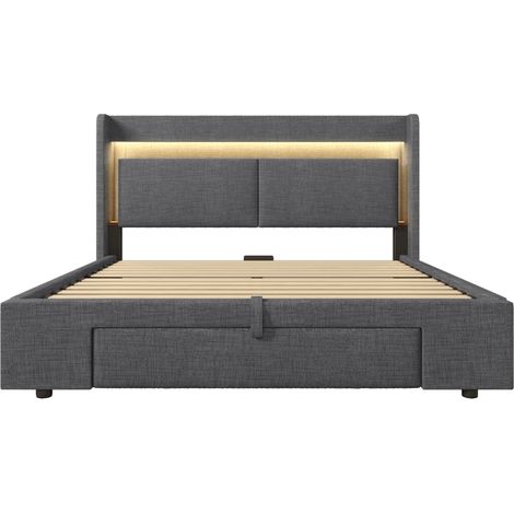 Cama tapizada 140x200 cm con colchón, cabecero con almacenaje, LED, USB y USB-C, gris, lino (1/5)
