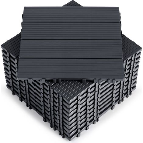 Jiubiaz 11 Stück Terrassenfliesen 1 qm, 30x30cm Kunststoff Fliesen Klickfliesen Balkonfliesen Holzoptik Gestreift, Wetterfest, Anti-Rutsch, Anthrazit 4-Streifen (1/5)
